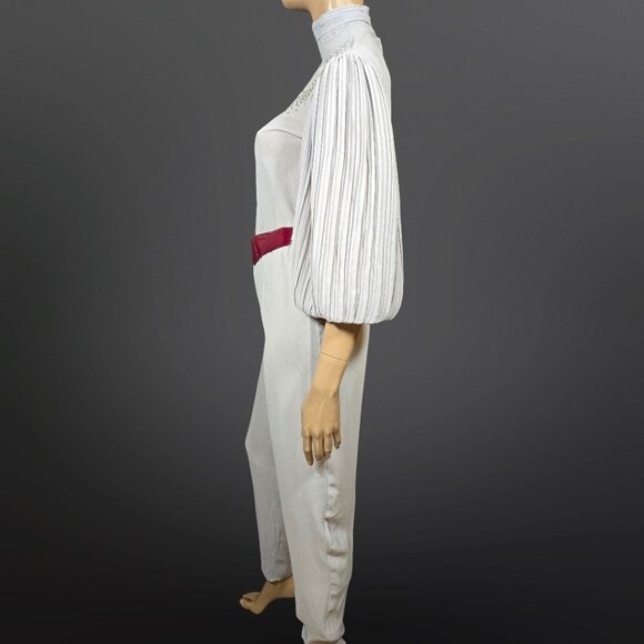 Vintage 80s Farouche Gray Chiffon belted Jumpsuit Size S Balloon Sleeves - Picture 10 of 16